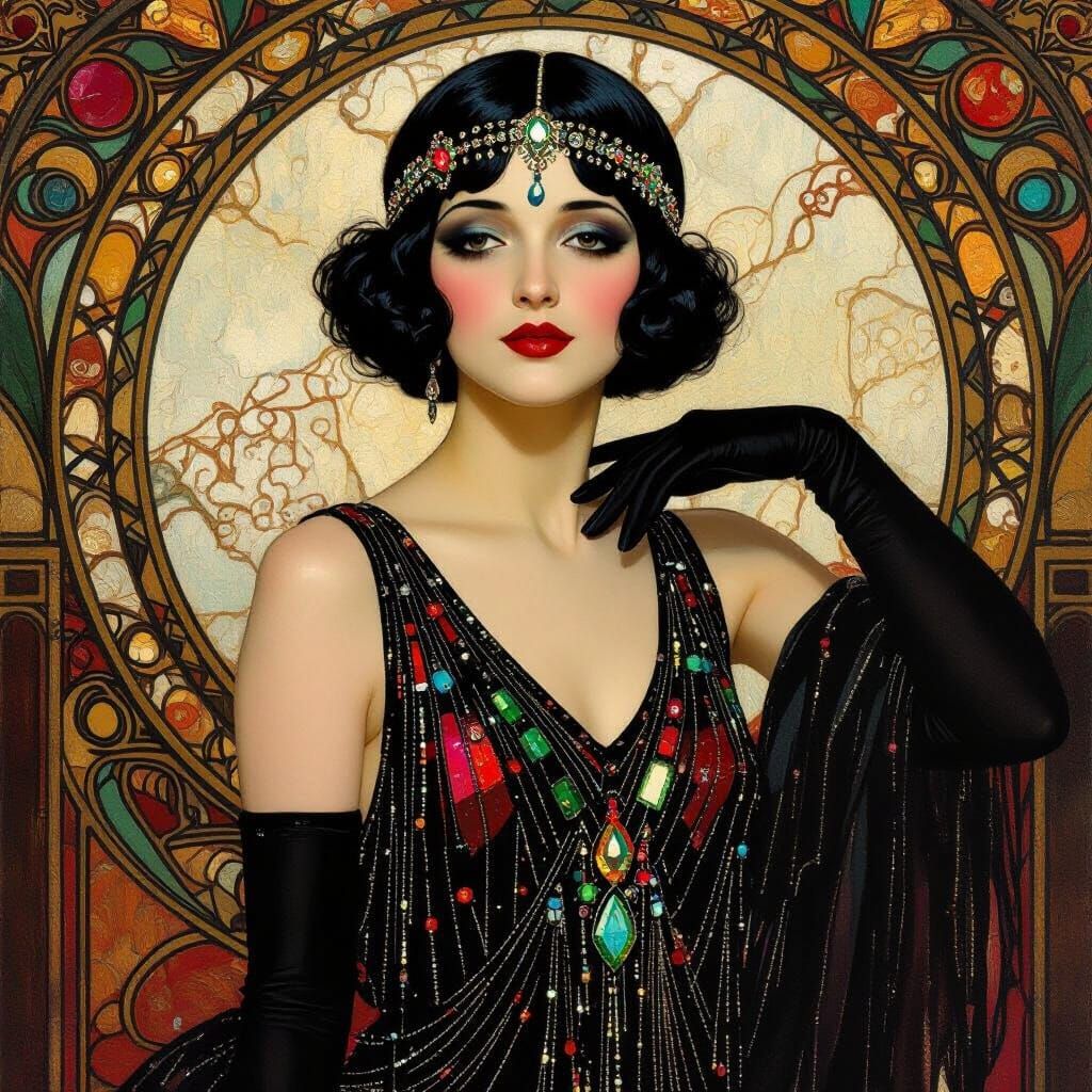Art Deco flapper with shiny black hair perfect make up red lips brightly coloured beaded gown crystal ...  by @undefined