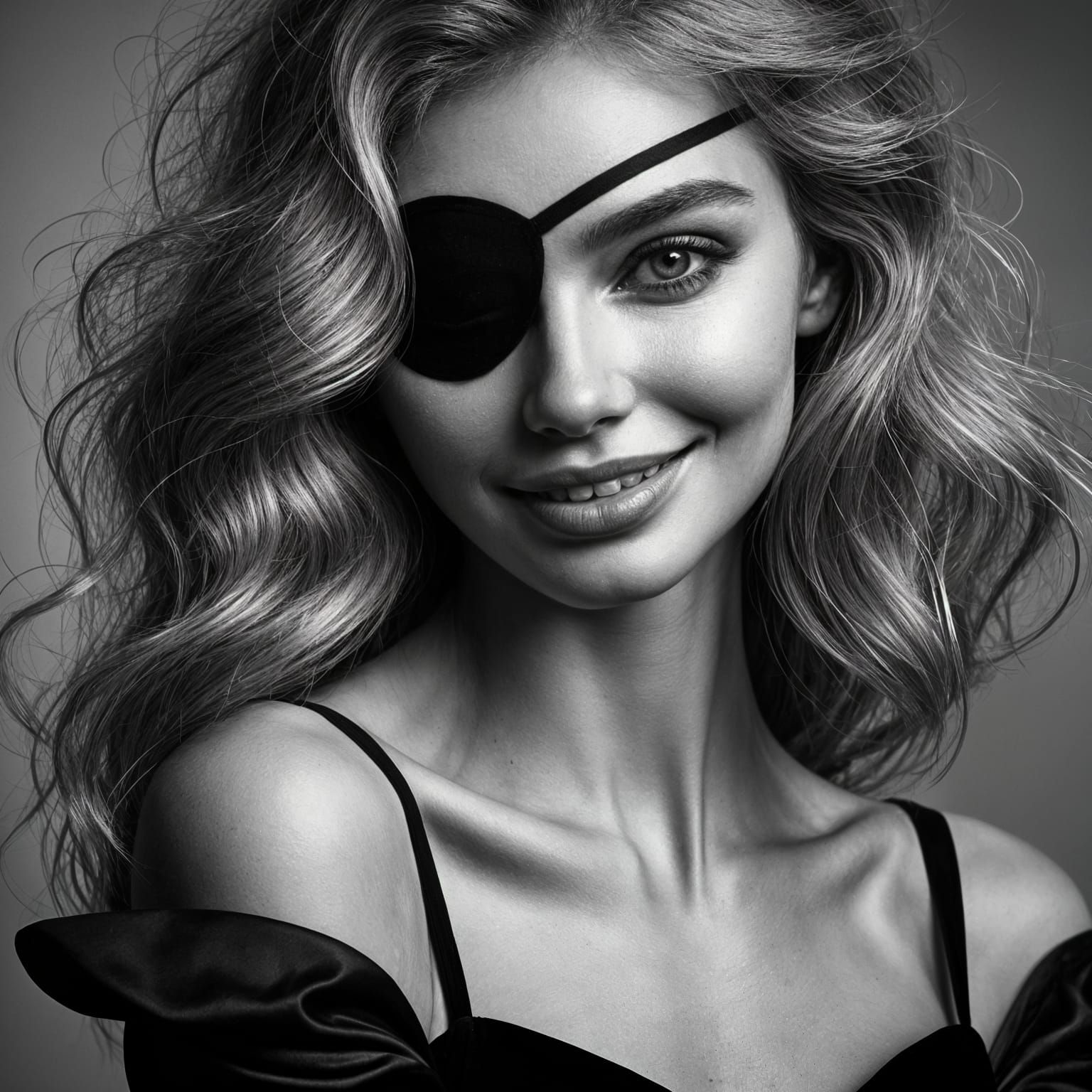 Black and white photo portrait of a smiling woman with eyepatch