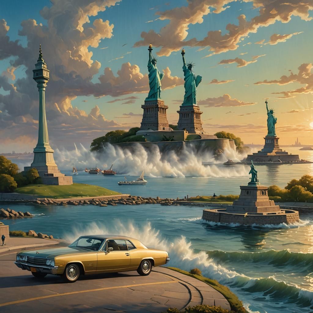 Luxury Car and Statue of Liberty: Digital Painting