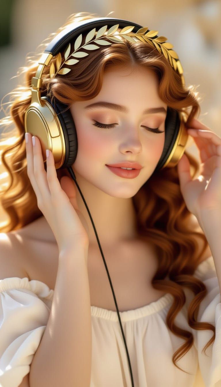 Greek Goddess Maiden Enjoys Music with Laurel Wreath and Hea...