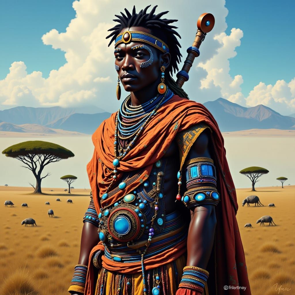 Kai-matutsi, a Maasai warrior, standing proudly in a savannah landscape, adorned in traditional attire, with intricate beadwork and vibrant ...