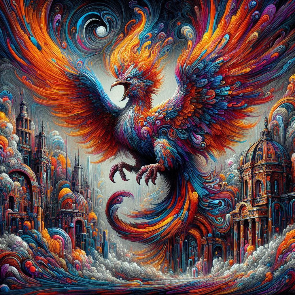 Slavic mythological Firebird, surrealism, punk