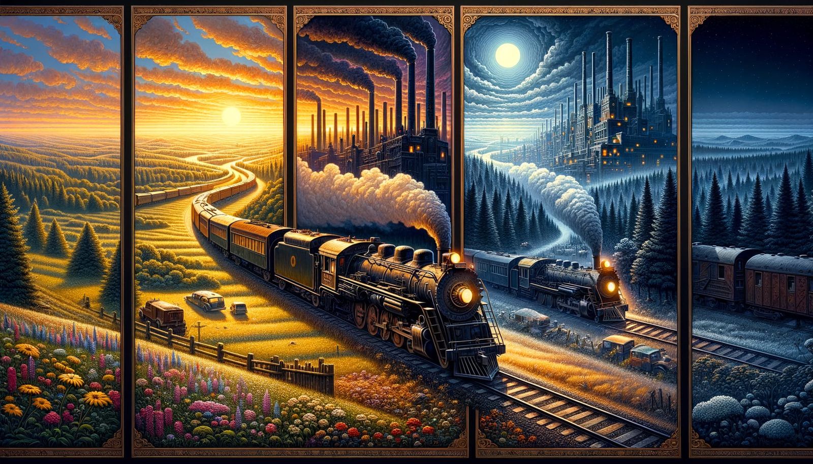 A magical triptych showcasing the journey of a steam locomotive through three moments in time. The left ...  by @KomBib