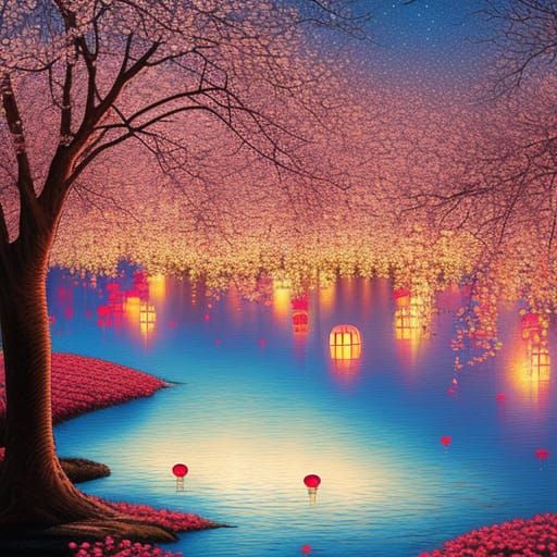 dozens of Chinese Paper Lanterns floating on a lake at sunse...