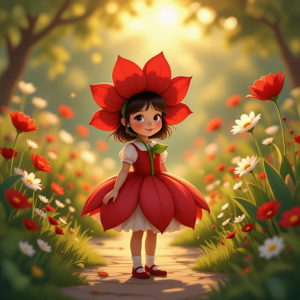 Girl Dressed as Red Flower in Whimsical Garden