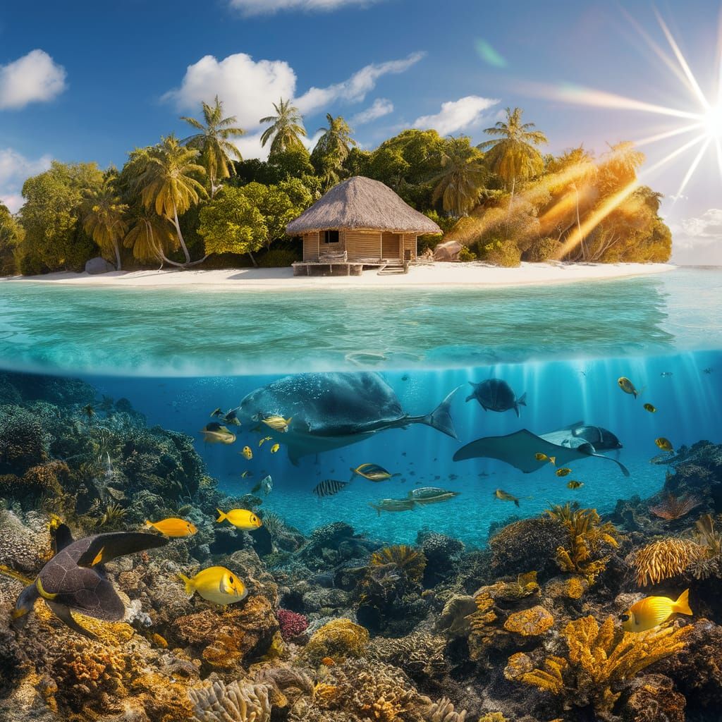 (vacation travel ad:1.4), (wide angle view:1.2), hut, shack,...