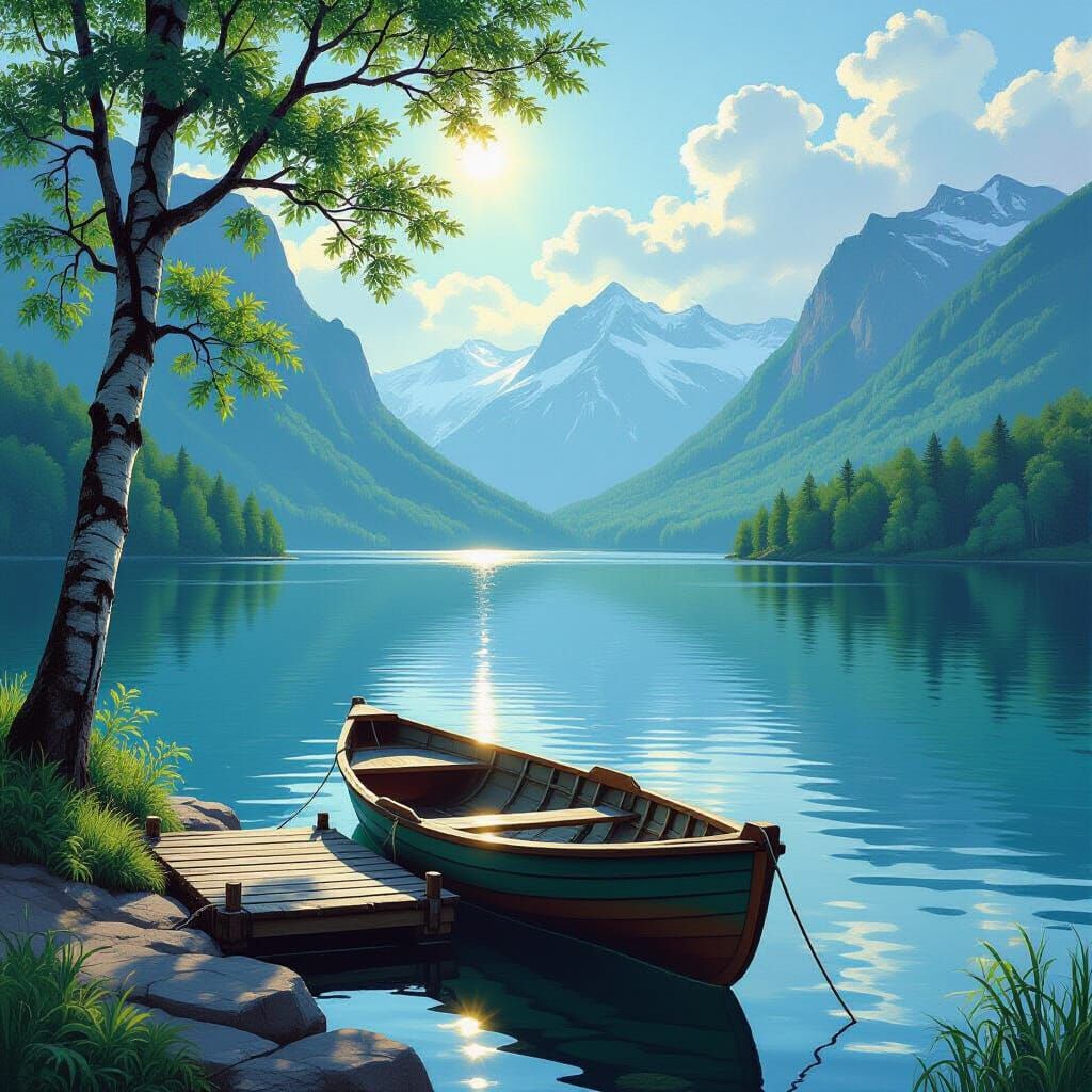 Tranquil Lake Landscape Painting with Mountains and Rowboat