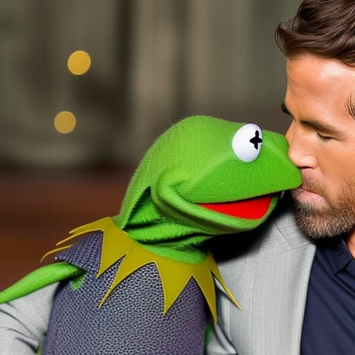 Kermit the Frog and Ryan Reynolds kissing each other on the lips AI Generated Artwork