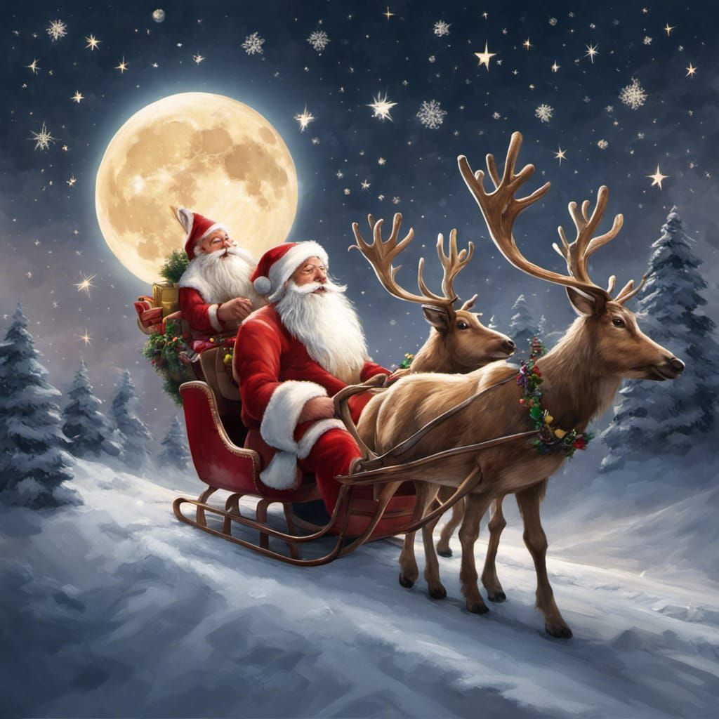 team of reindeer pulling father christmas in the sleigh, presents