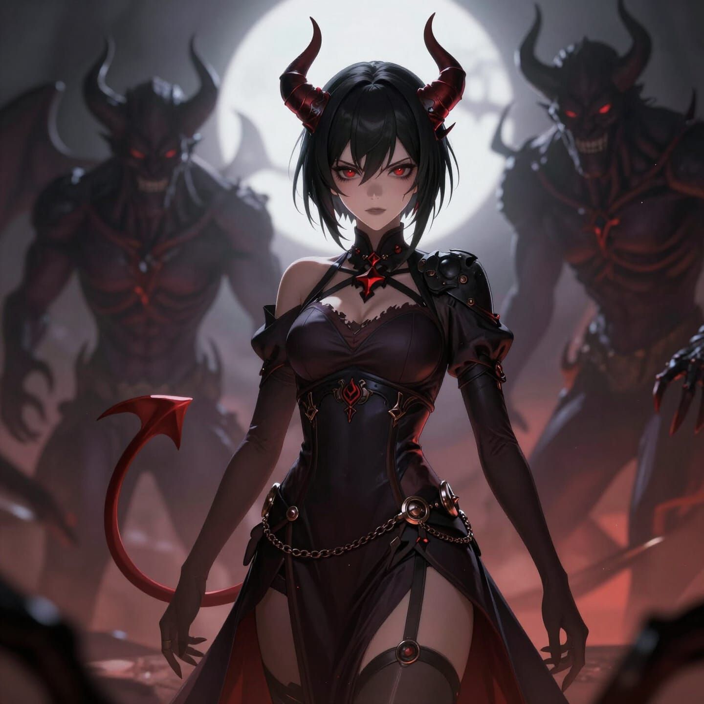 Demonic Thai Woman with Horns and Tail in Dark Style