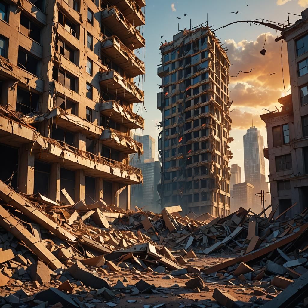 Snake Slithers Through Ruined Skyscraper, Digital Matte Pain...