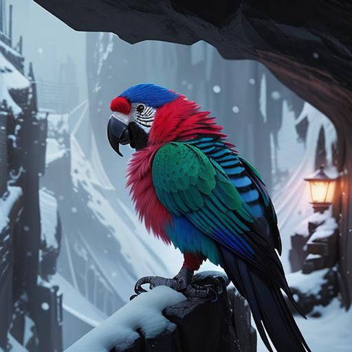 A parrot painting in a cave in the future with snow, anime, ...