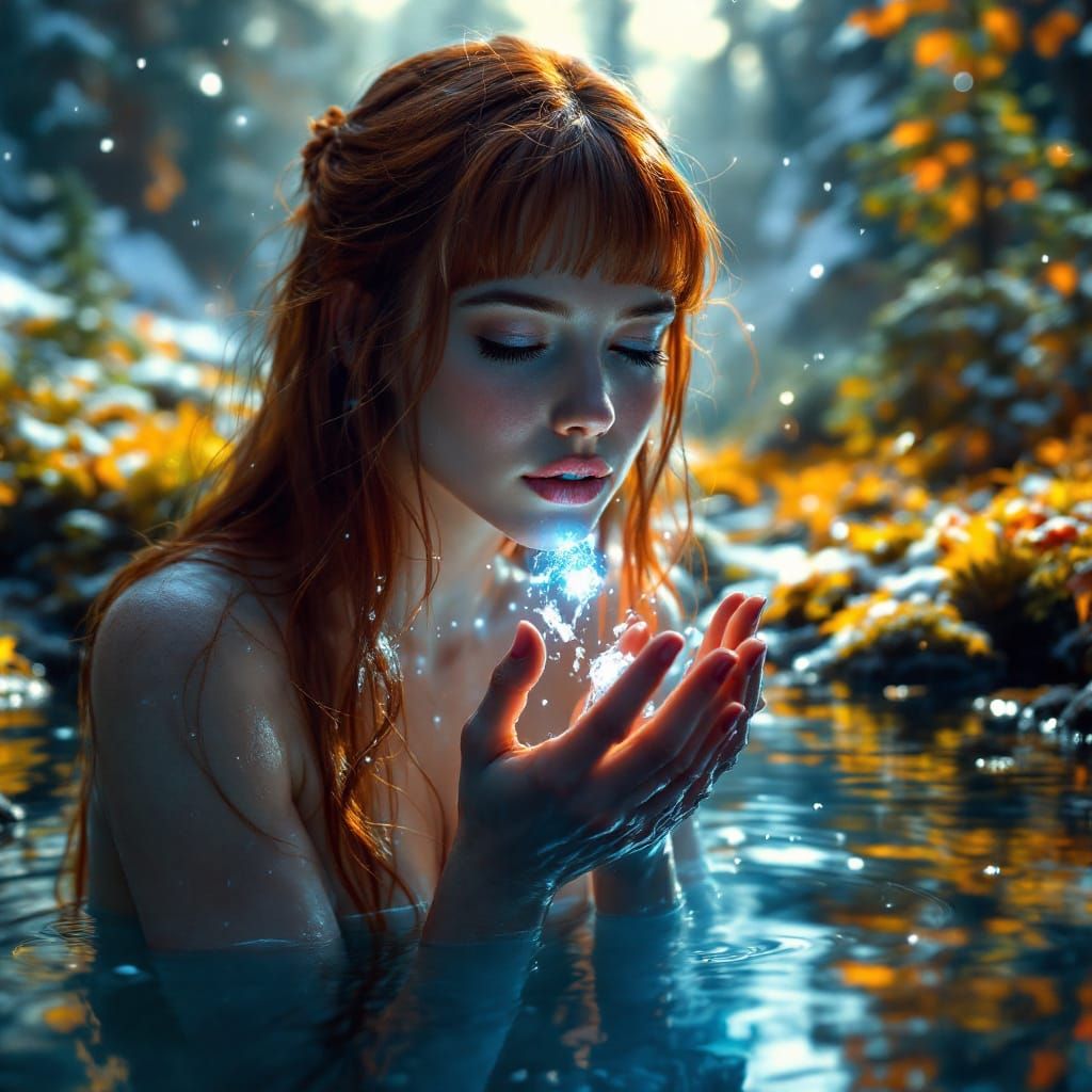 A nature scene of a woman with long straight auburn hair and bangs with blue eyes drinking pure cold spring water from the springs of snowy...