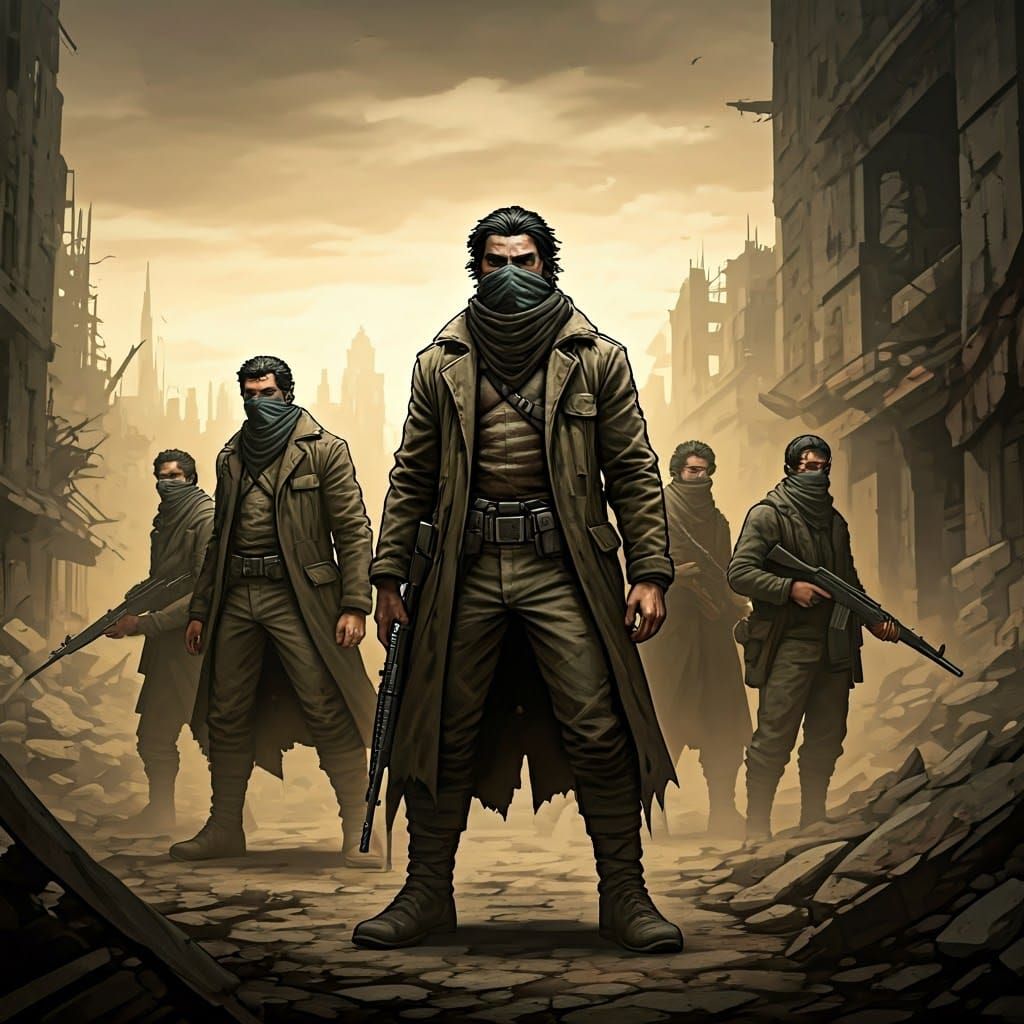 Dystopian Rebels in War-Torn Cityscape