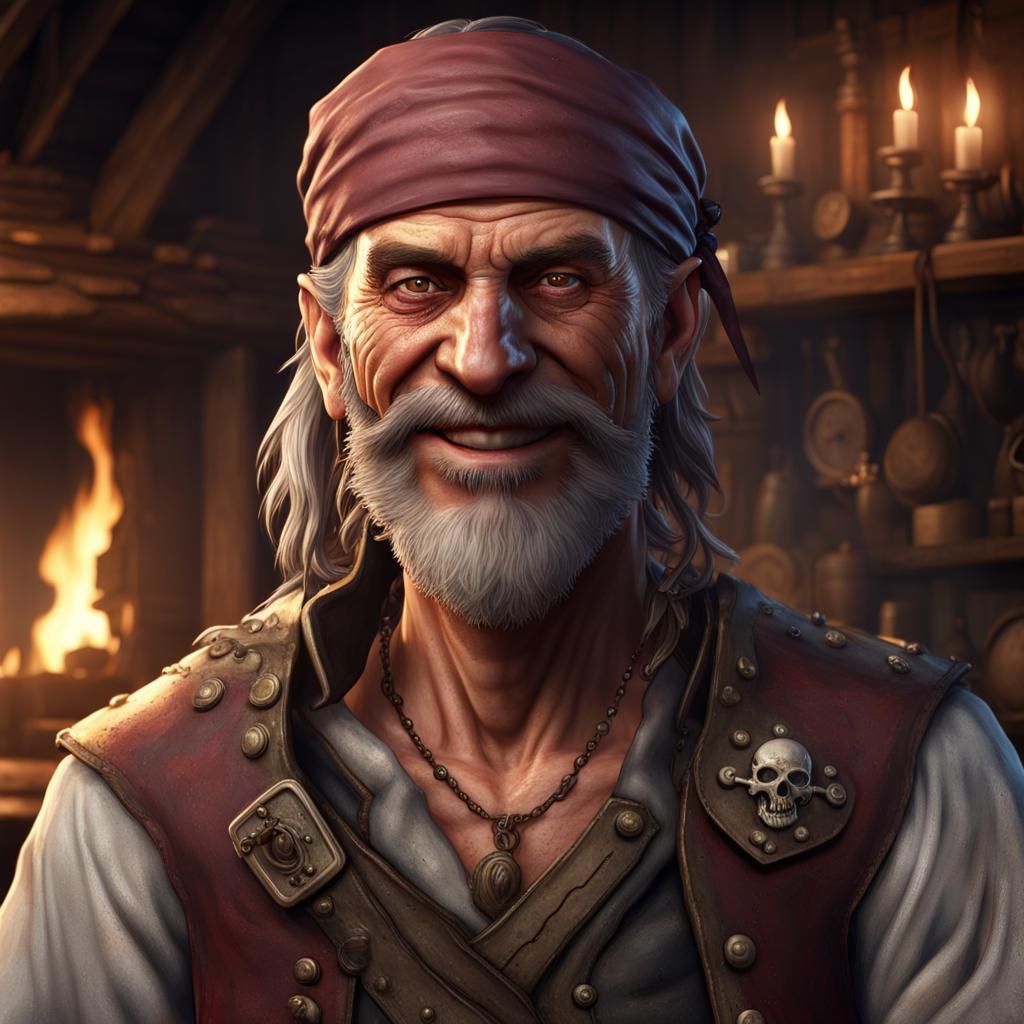 an ex-pirate tavern owner human male by the age of 50 with a...