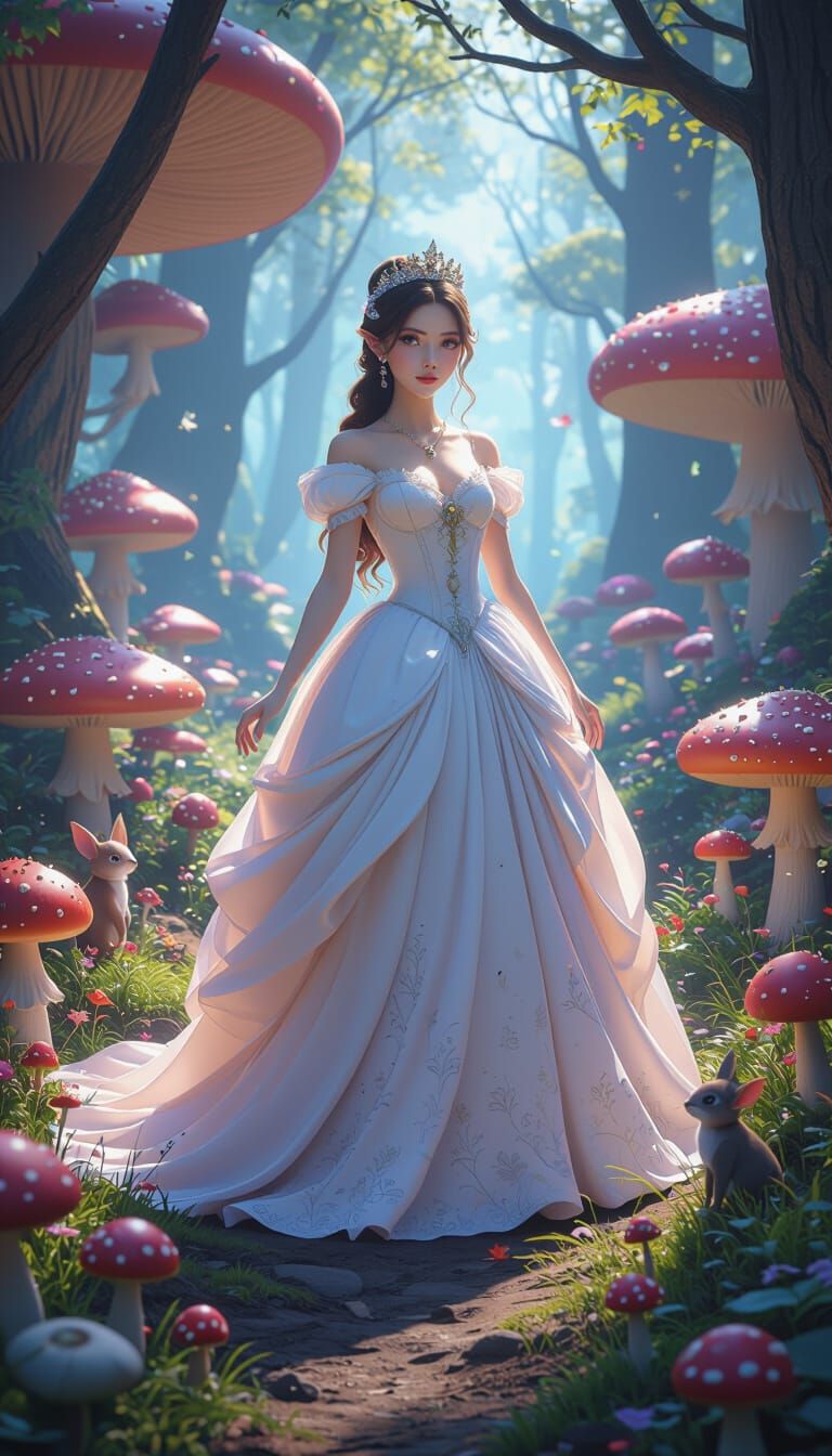 Princess in Enchanted Forest With Animals and Elves