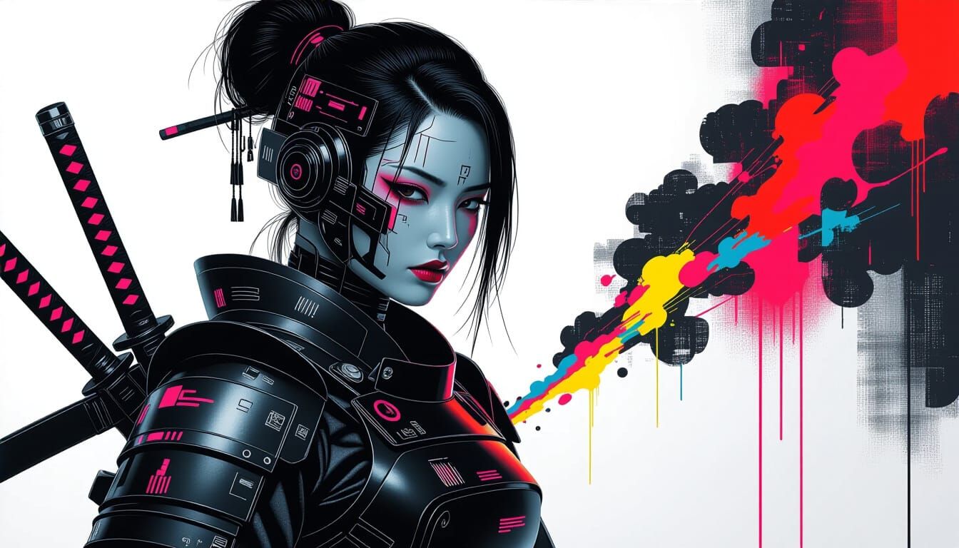 Cyberpunk Samurai Portrait with Neon Circuits