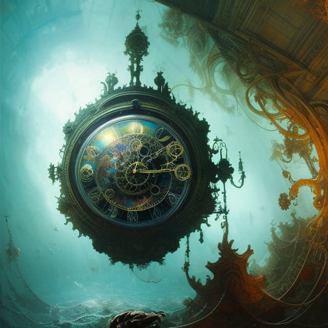 underwater imposing clock, by Rembrandt, Android Jones,...