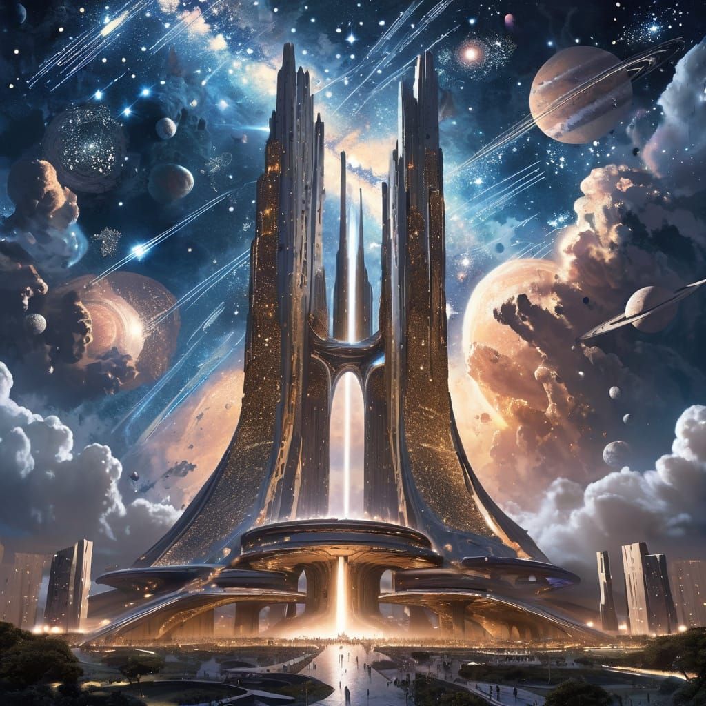 A colossal brutalist cathedral into the cosmic night  by @Ugy10