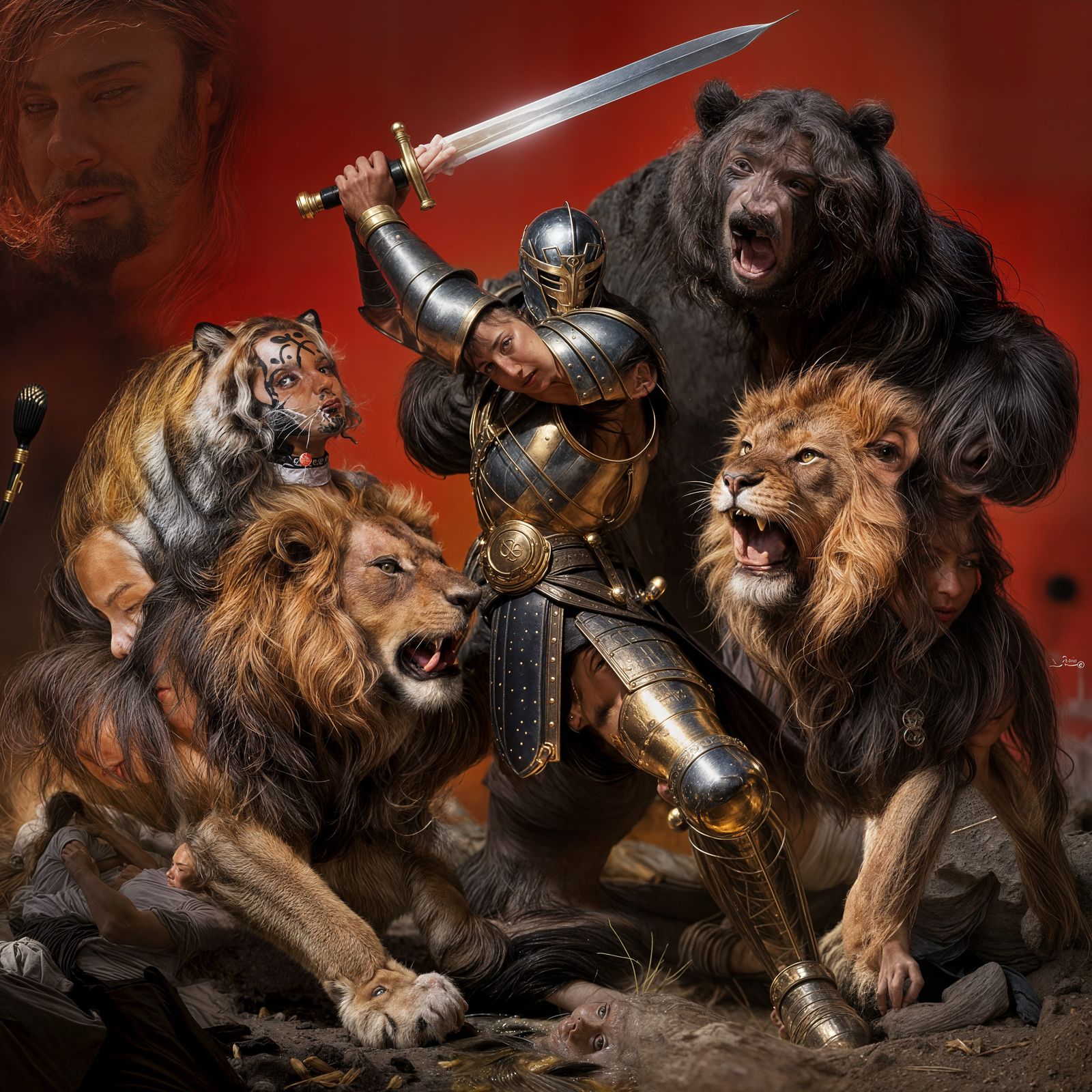 Warrior Fights Lions, Tigers, and Bears with Sword