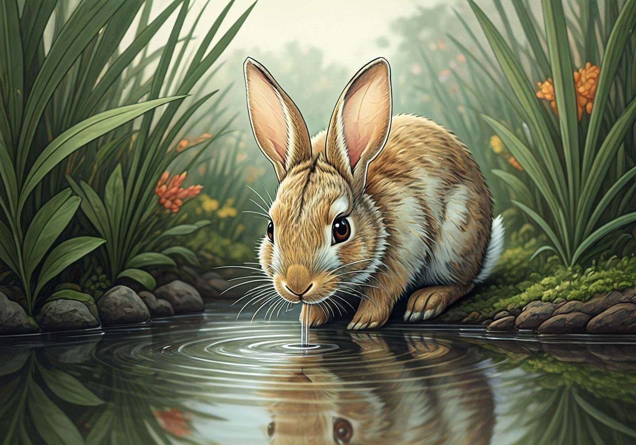 (5 likes) - Watercolor and ink. Close-up shot. A cute rabbit drinking water from a pond in the garden. Watercolor ...  by @Adriana