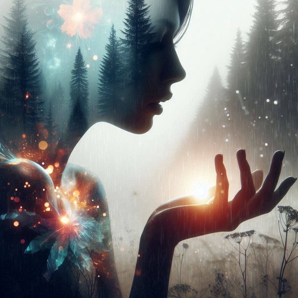 double exposure beautiful fantasy DALL-E 3 portrait landscape..