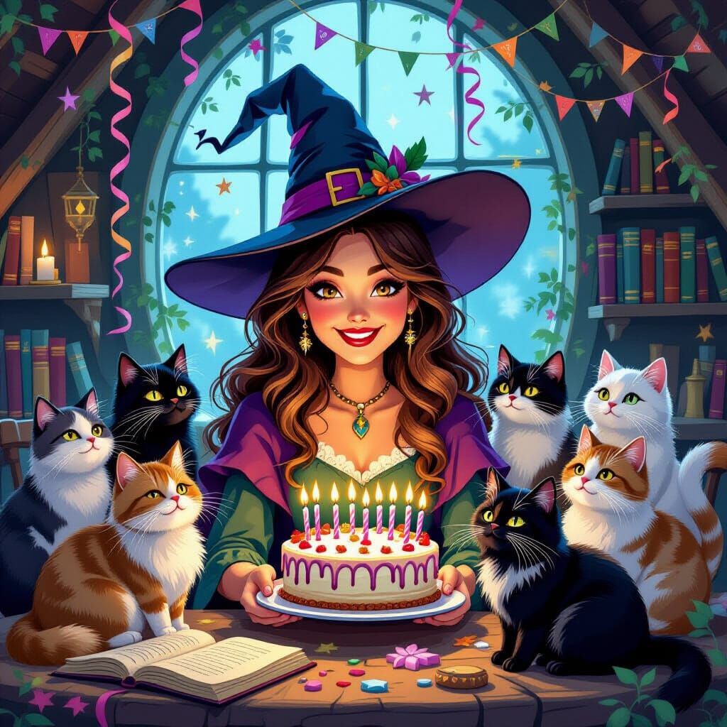 A witch celebrating her birthday with all her cats  by @Nayeli