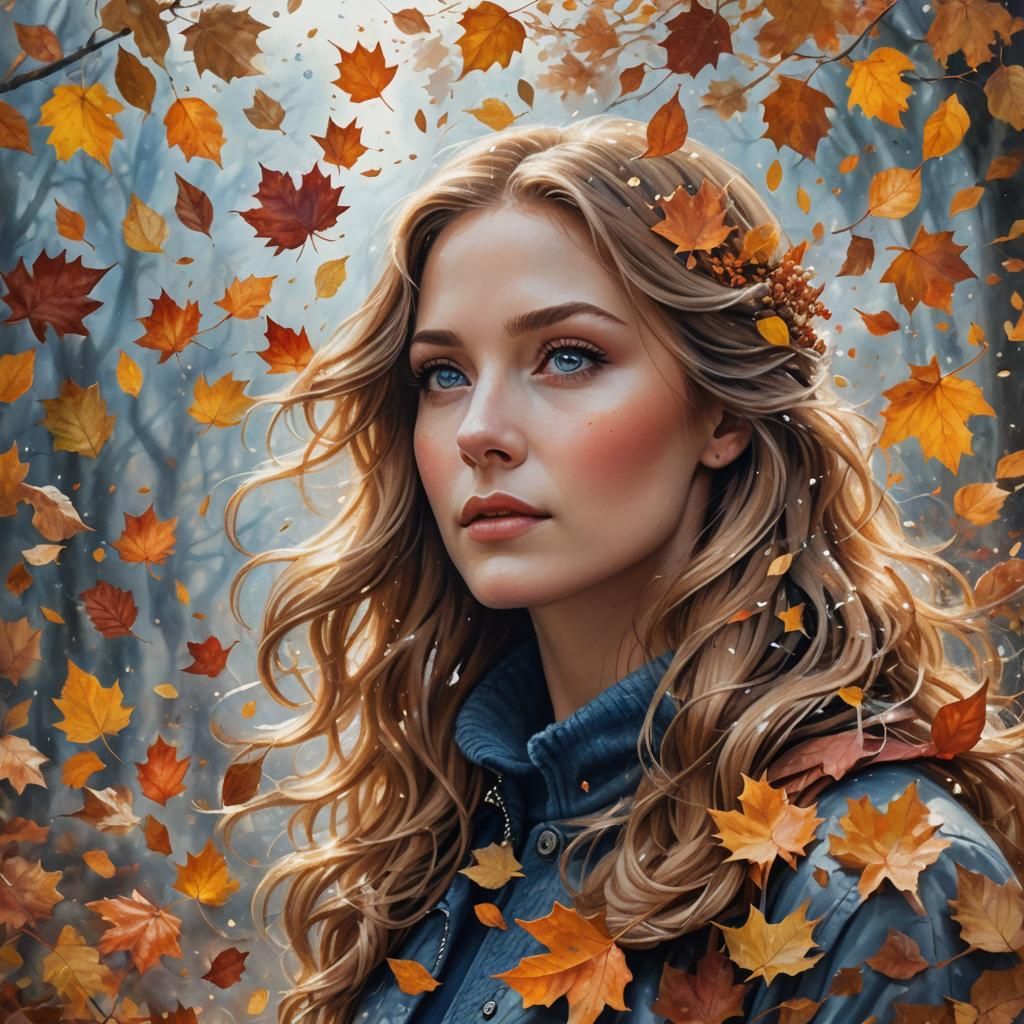 in a half-turn, a charming woman with autumn leaves in her h...