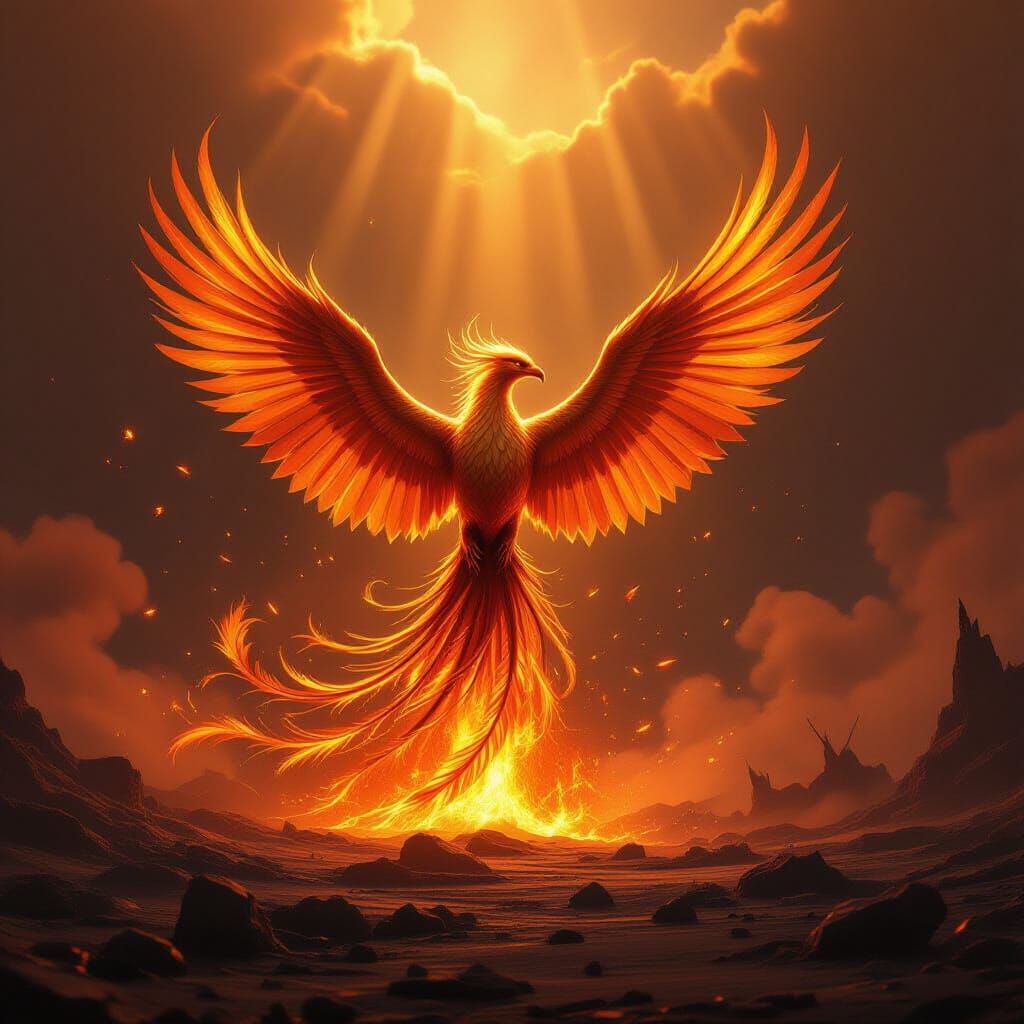 A majestic phoenix, its feathers made of molten gold and fiery embers, erupts from a desolate  by @undefined