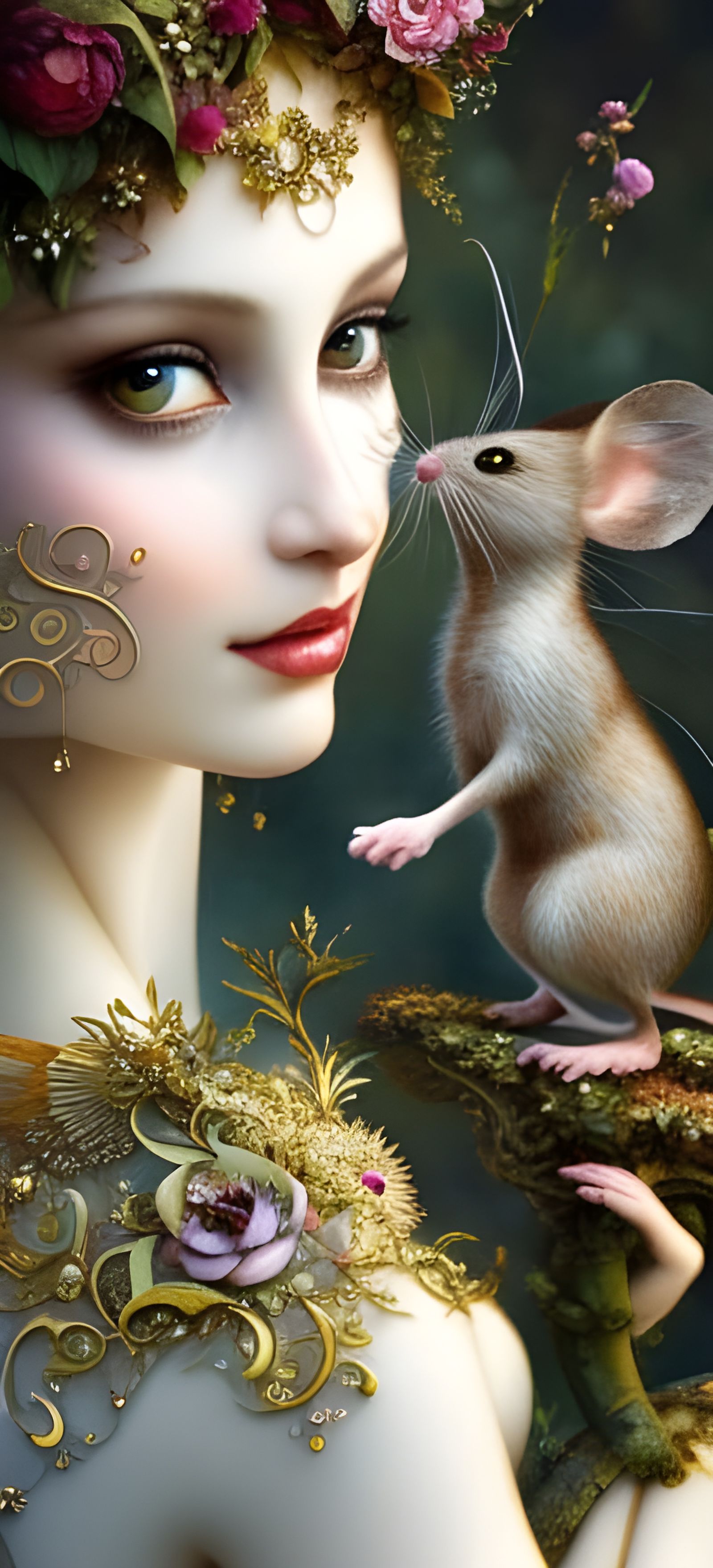 Pixie Girl Portrait with Mouse Familiar in Fantasycore Style