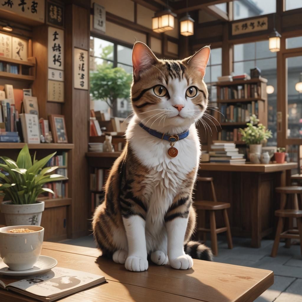A cute relaxed happy cat sitting in a Japanese book shop.