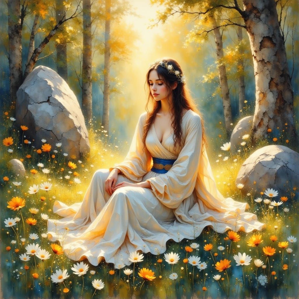 Goddess of Creation in Sunlit Meadow, Ethereal Oil Painting
