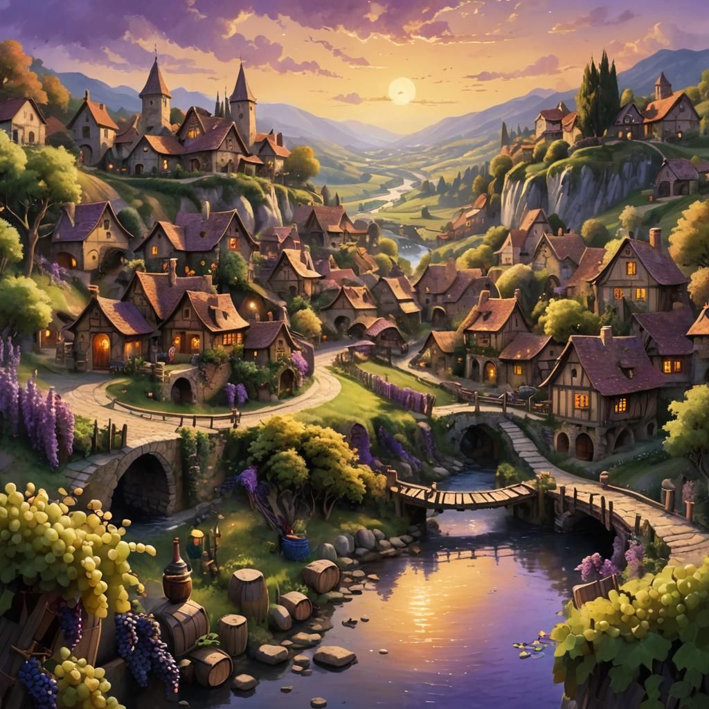Whimsical Village by River with Vineyards, Fantasy Art