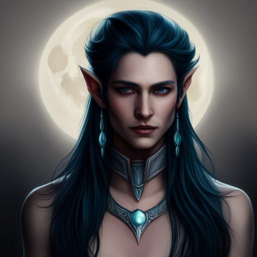 A portrait of an androgynous handsome male moon elf, with delicate and ...