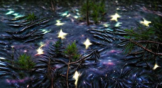 a stream of stars through a forest of dark pines