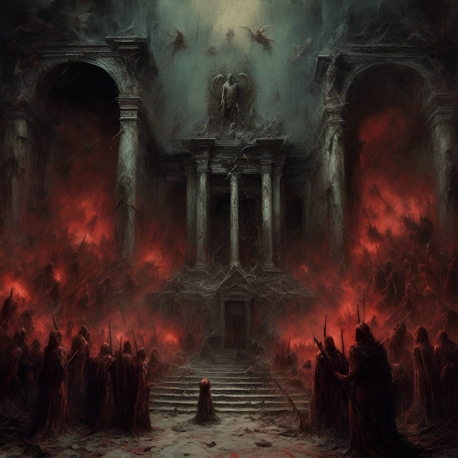 <lora:Macabre:1.0> the fight of the knight of the satanist t...