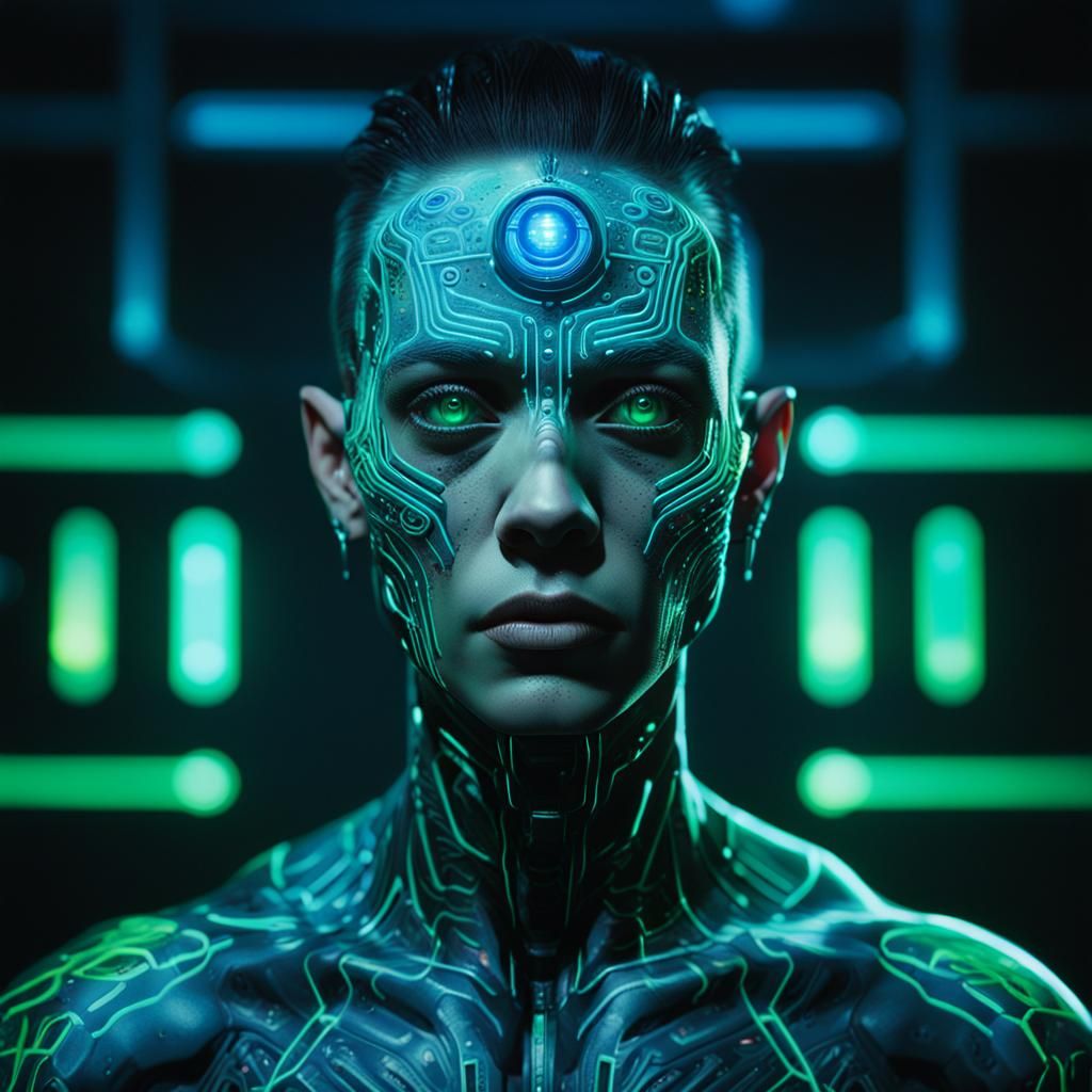 Portraits of sci-fi individual with bio-modified features like glowing eyes, implanted neural interfaces, ...  by @M_Aria