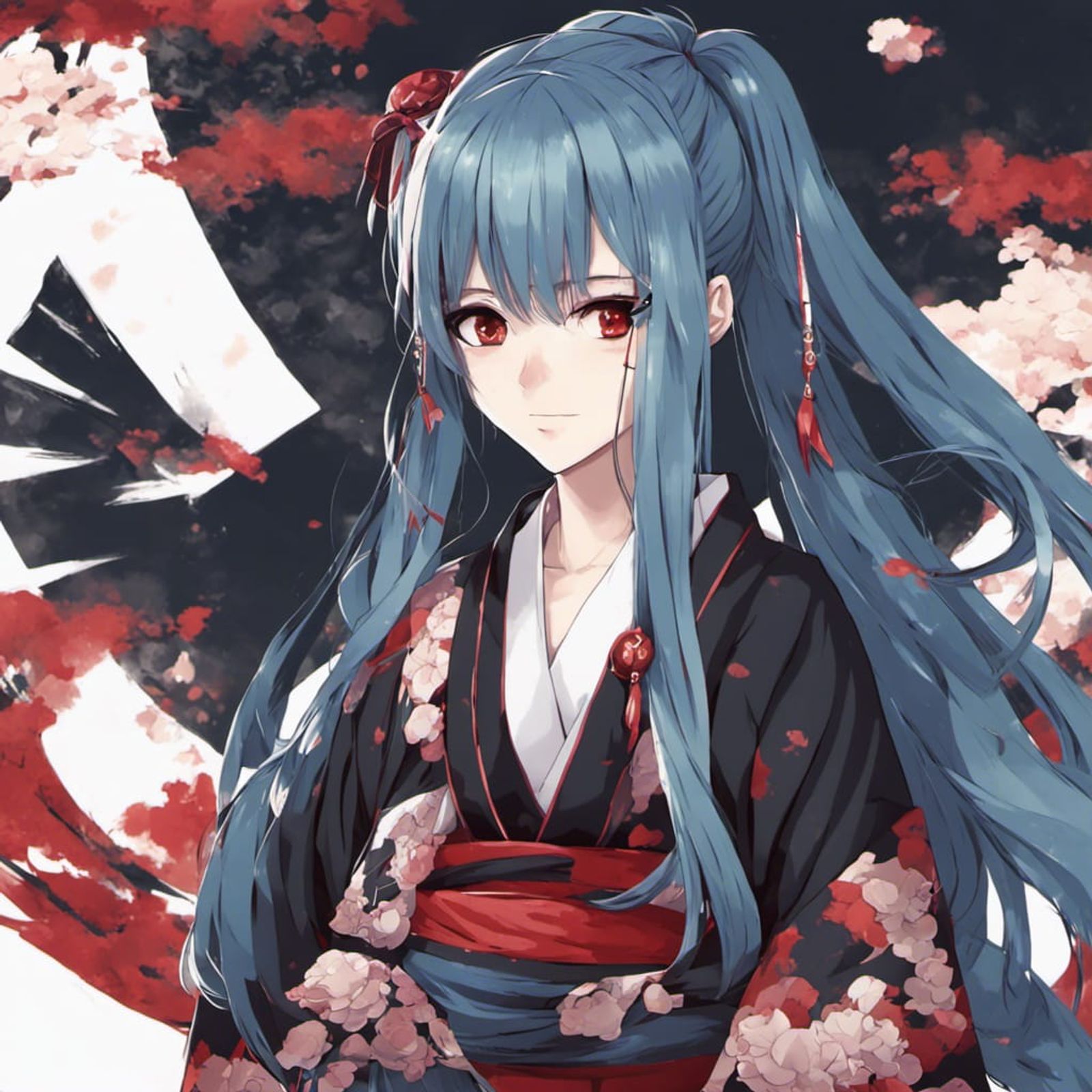 anime girl with black hair and black eyes kimono