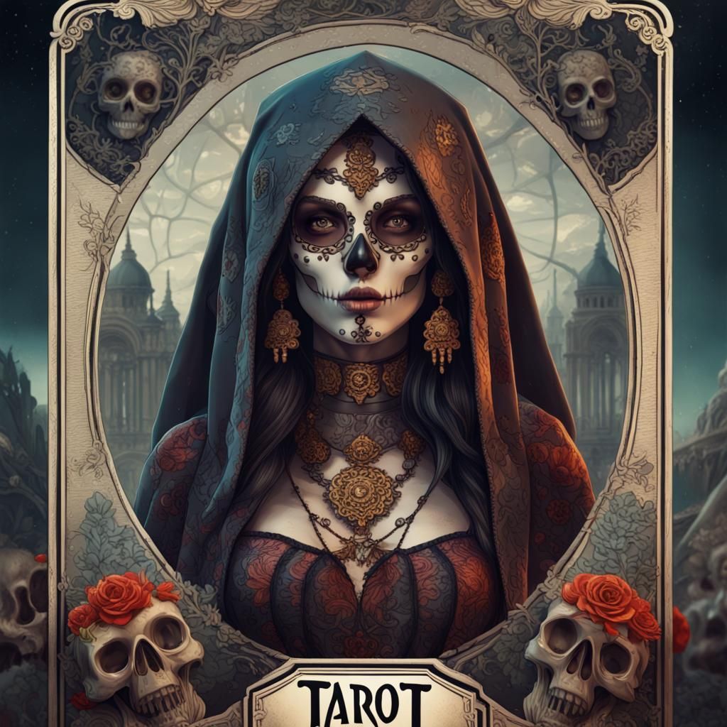 Tarot card of death with a woman mexican skull