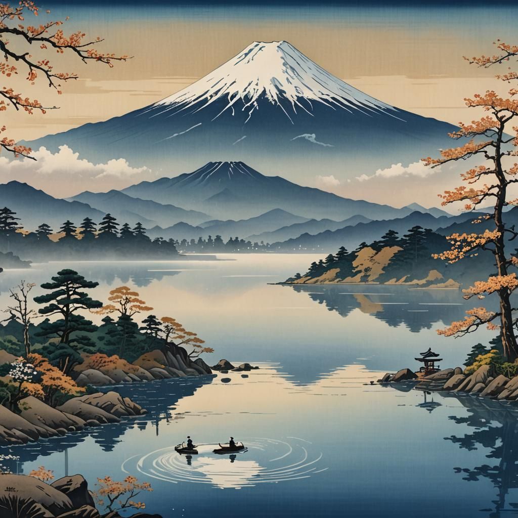 A Ukiyo-e style painting of a serene landscape featuring Mount Fuji  by @Joseph