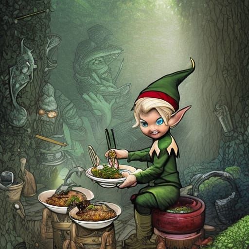 D&D elf cooking food inside of a restaurant filled with moss