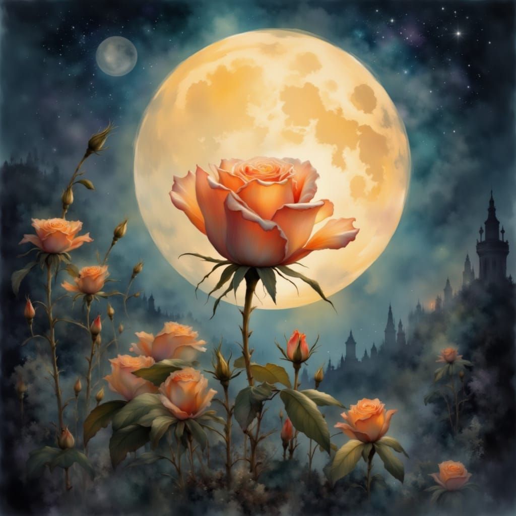 A full moon masterpiece where a single peach rose is shown in front of the moon.   by @Zs Art Collection