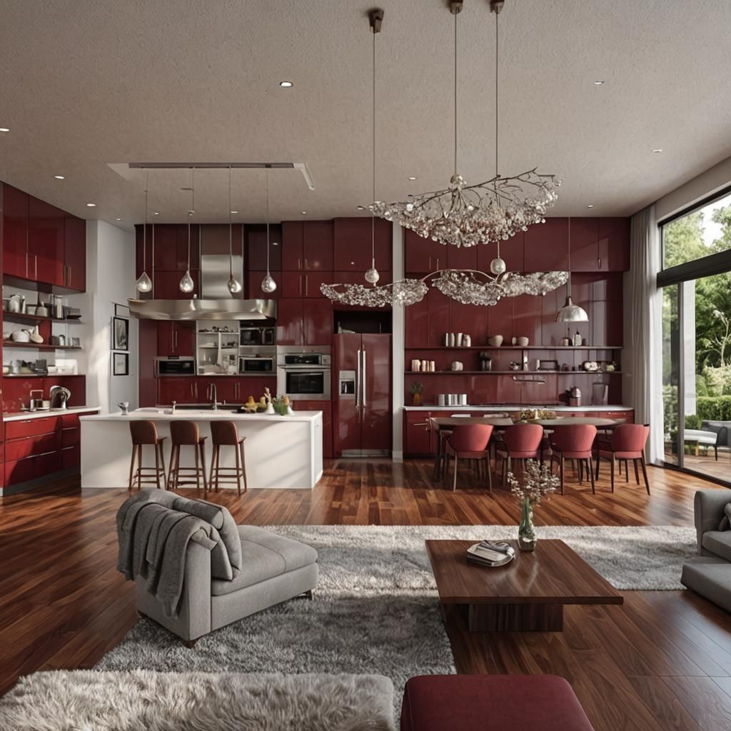 Photorealistic Living Room, Kitchen,  Dining,  Add comfortab...