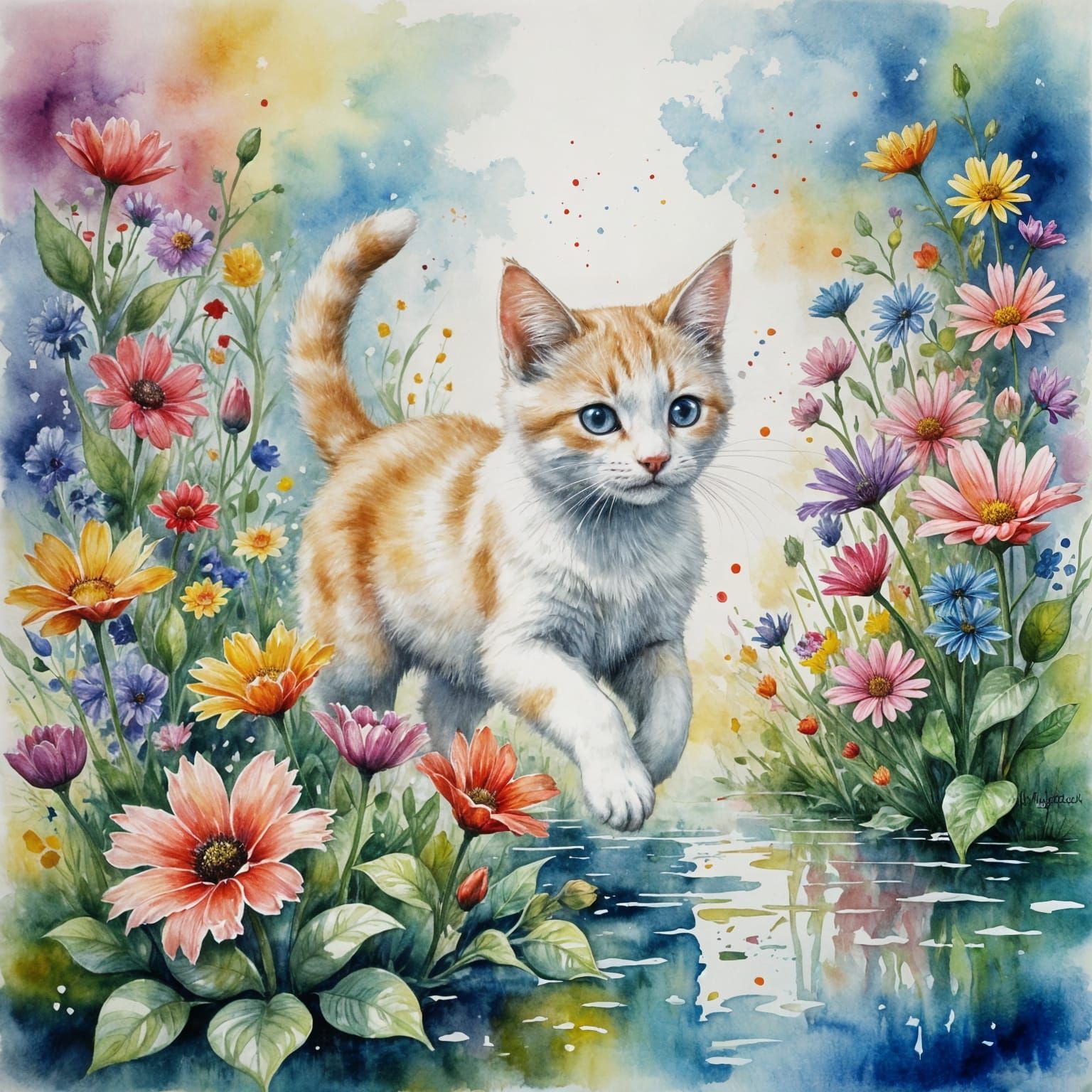 Playful Kitten Among Flowers in Watercolor Style