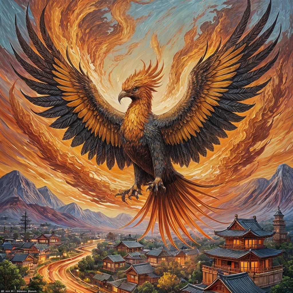 Phoenix Soaring Above Japan: Impasto Oil Painting