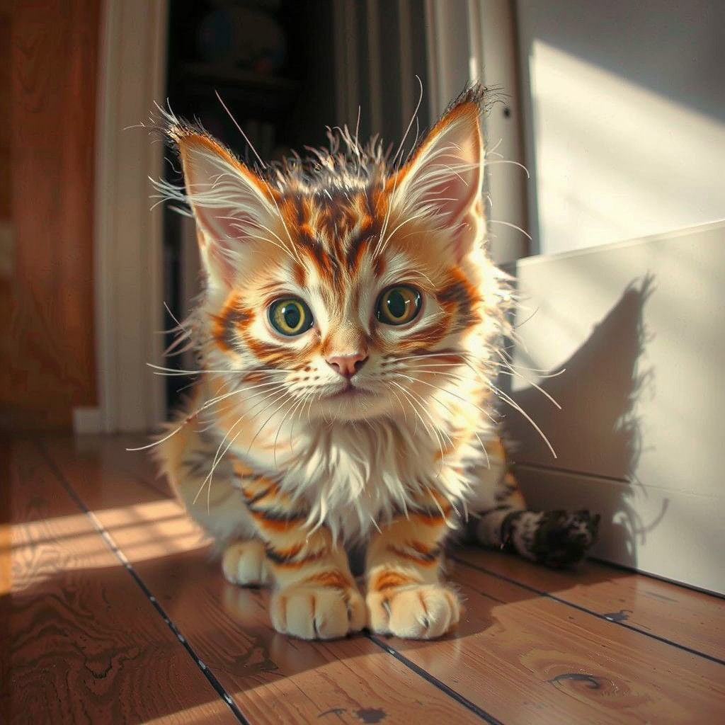 A fluffy domestic cat with big round eyes and a pink nose sits on a sunlit wooden floor.