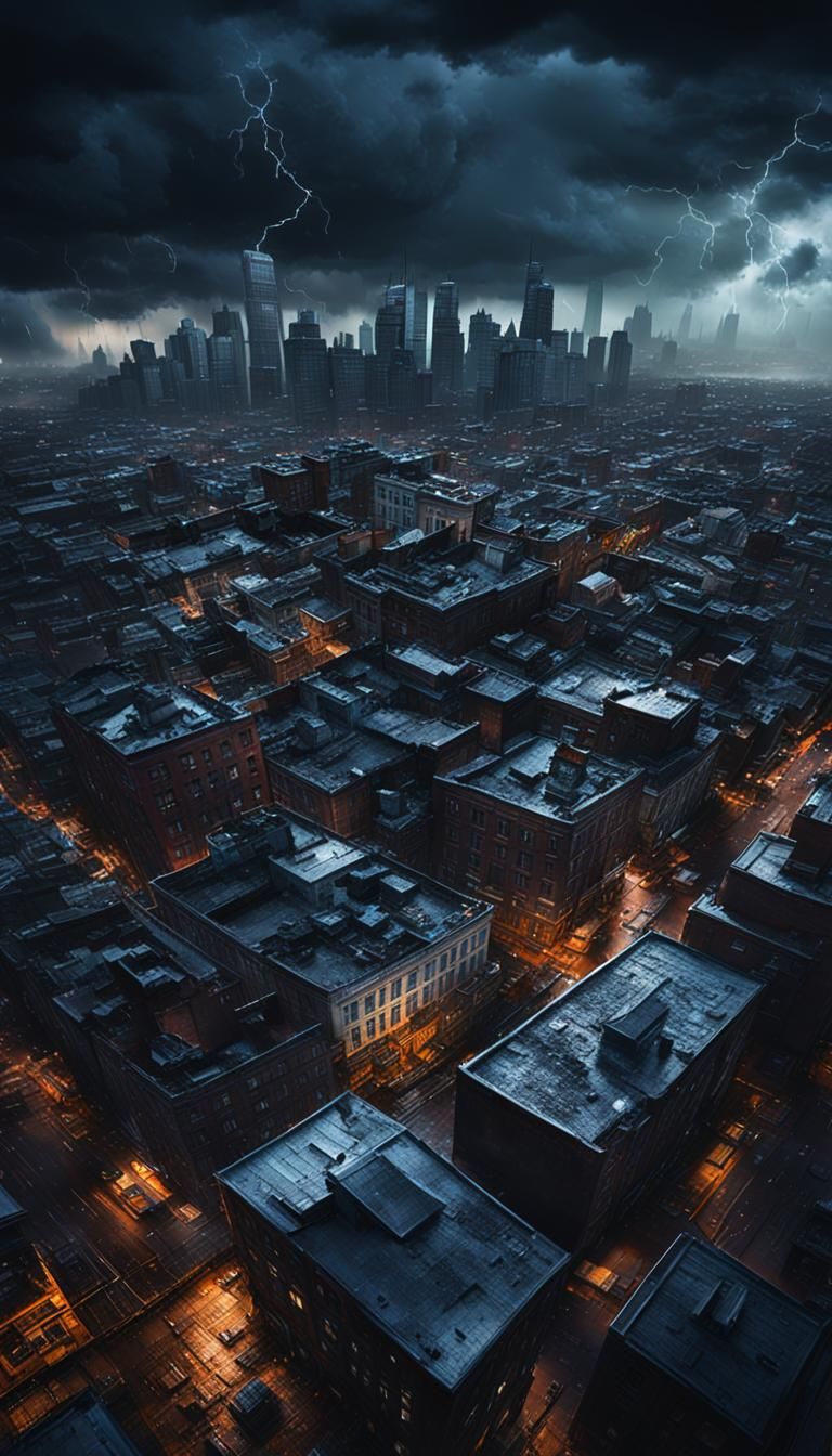 dark mood, evening, dark intensive colours, city, stormy, ap...