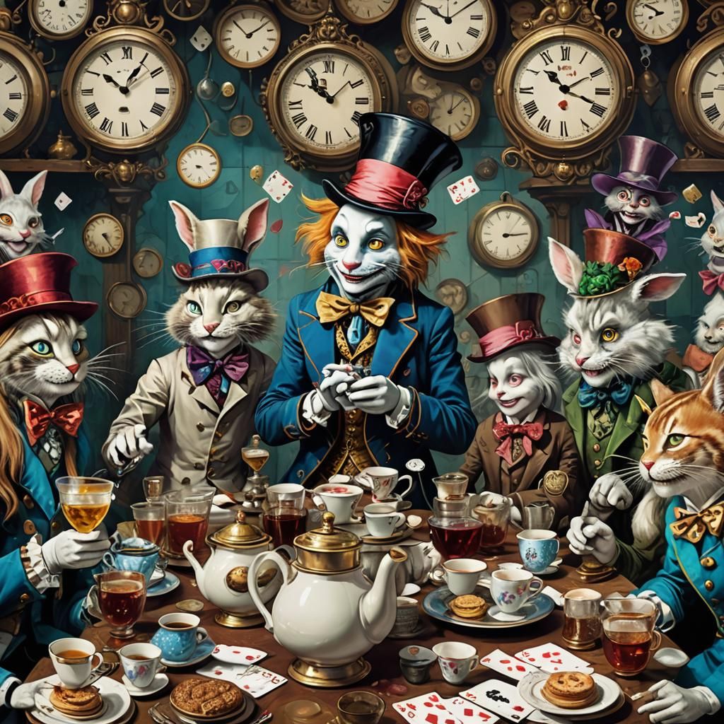 Alice in Wonderland with white rabbit checking his watch, Ch...