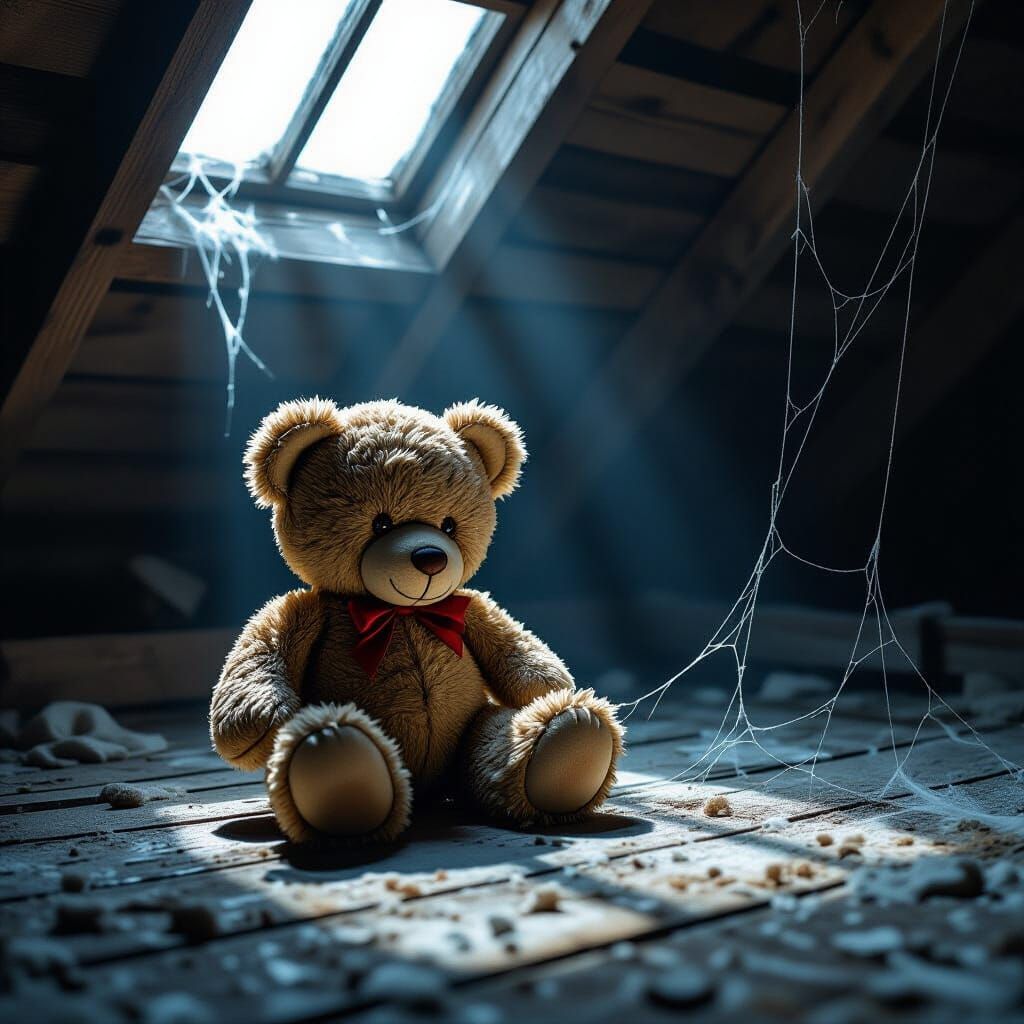 A lone, tattered teddy bear with one button eye missing sits on a dusty attic floor, bathed in a single shaft of moonlight. Cobwebs hang lik...