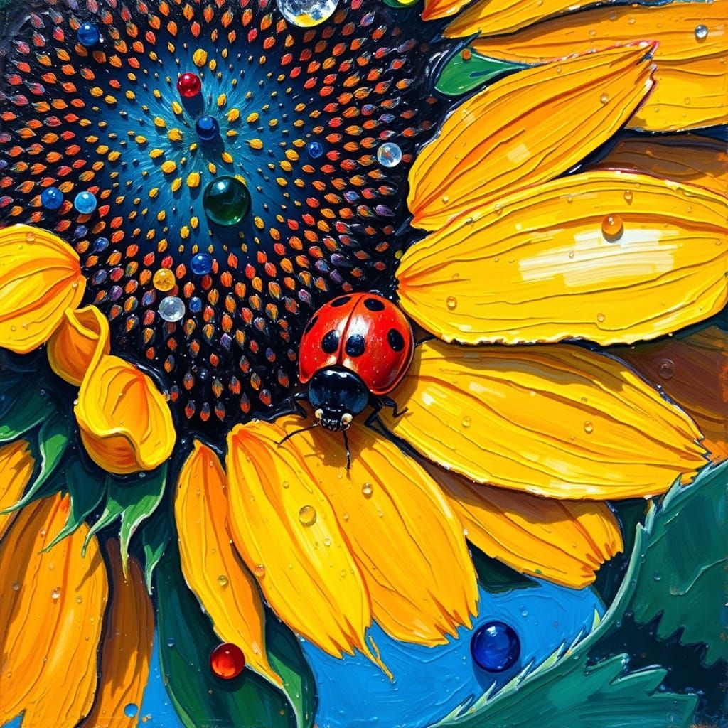 A close-up of a ladybug on a sunflower abstract art complementary colors fine details Epic neo-impressionism ...  by @jimmyoutside